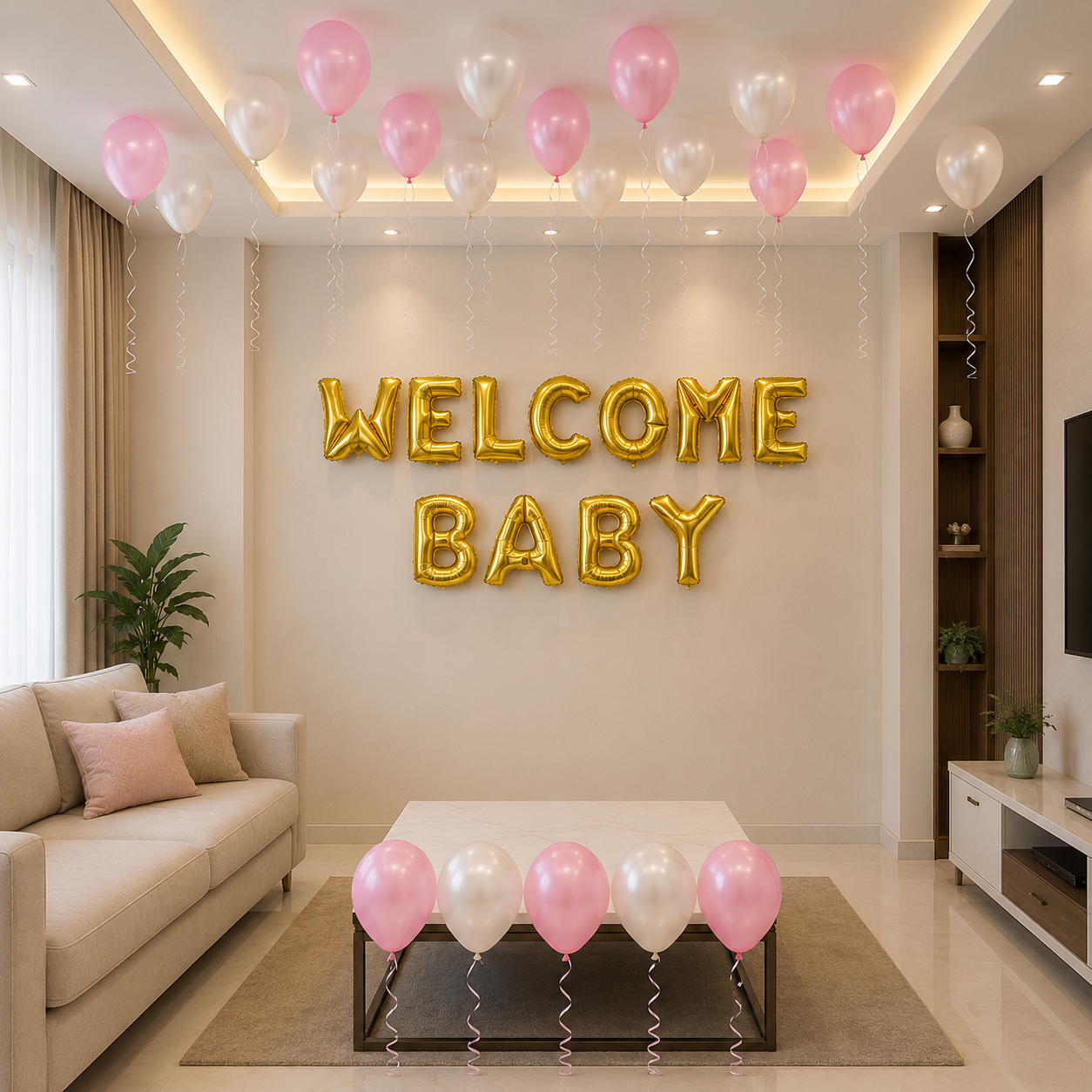 Living room decorated with 'Welcome Baby' balloons in a home setting.
