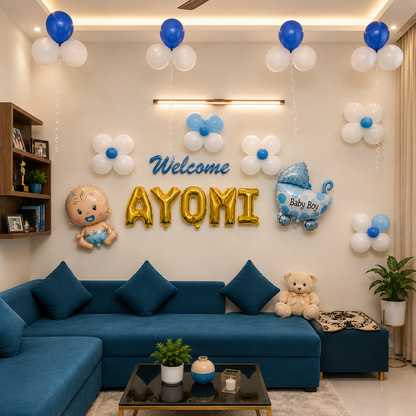 Decorated living room with balloons, flowers, and 'Welcome Ayomi' sign.