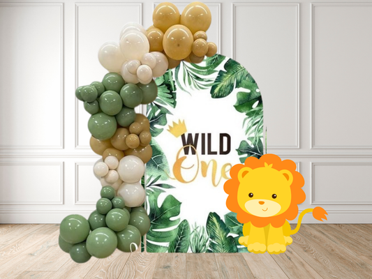 !st Birthday Backdrop arch with balloons and lion cutout
