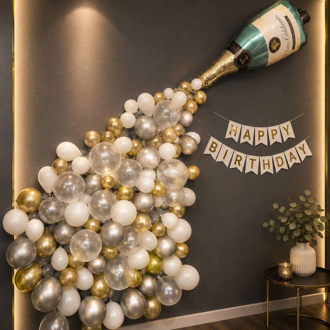 Decorative setup with balloons shaped like a champagne bottle and 'Happy Birthday' banner on a wall.