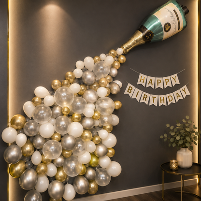 Decorative setup with balloons shaped like a champagne bottle and 'Happy Birthday' banner on a wall.
