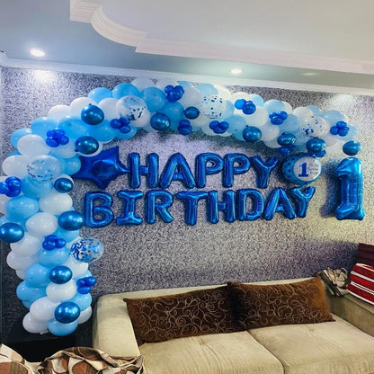 Baby Boy 1st Birthday Balloon Decoration in Blue theme at home