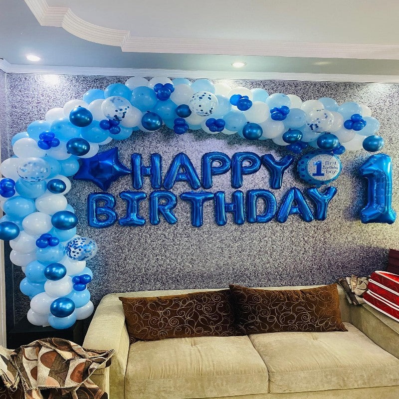 Baby Boy 1st Birthday Balloon Decoration in Blue theme at home