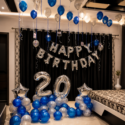 Happy Birthday Silver and Blue Balloon Decoration at Home