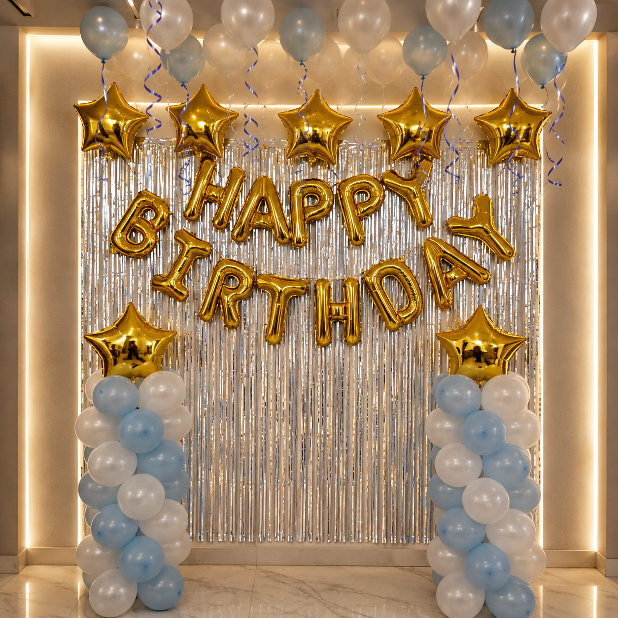 Balloon Decoration at home Blue and White Balloons