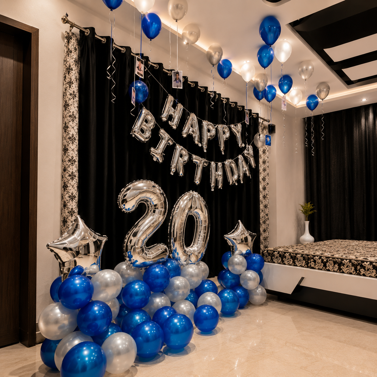Happy Birthday Silver and Blue Balloon Decoration at Home