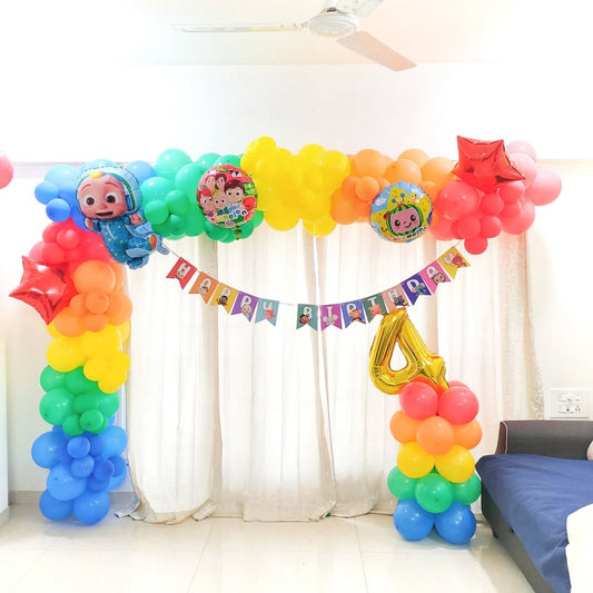 Beautiful and Elegant Cocomelon Theme colorful birthday balloon decoration at home or banquet