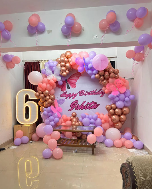 Butterfly Theme Birthday Balloons Ring Decoration at home for Girl.