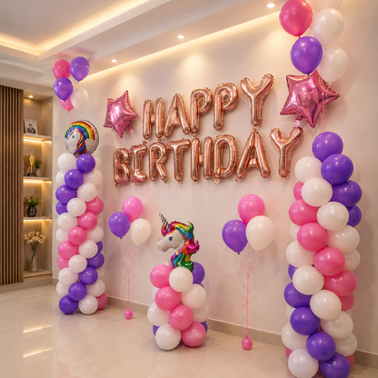 Pink purple balloon decor at home