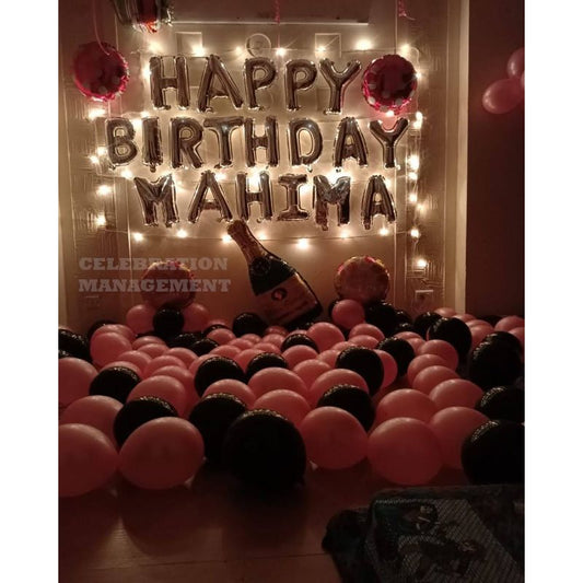 Romantic Birthday Balloon Decoration Surprise for her in Pink and Black theme