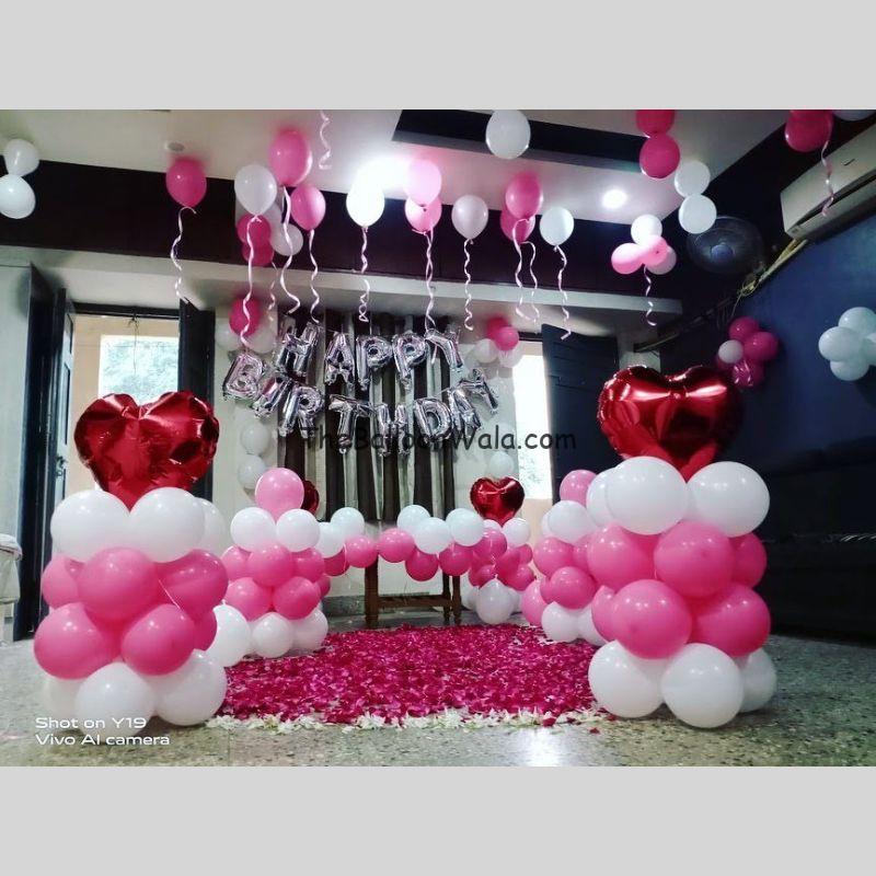 Romantic  Balloon Decoration with rose petals  Birthday Surprise