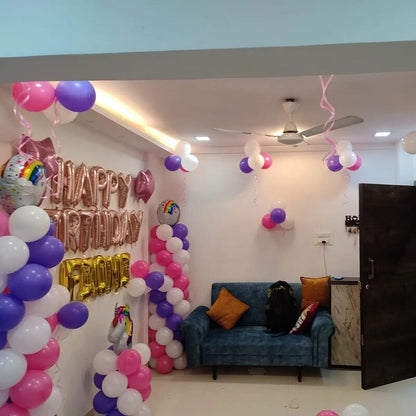Unicorn theme birthday balloon decoration at home
