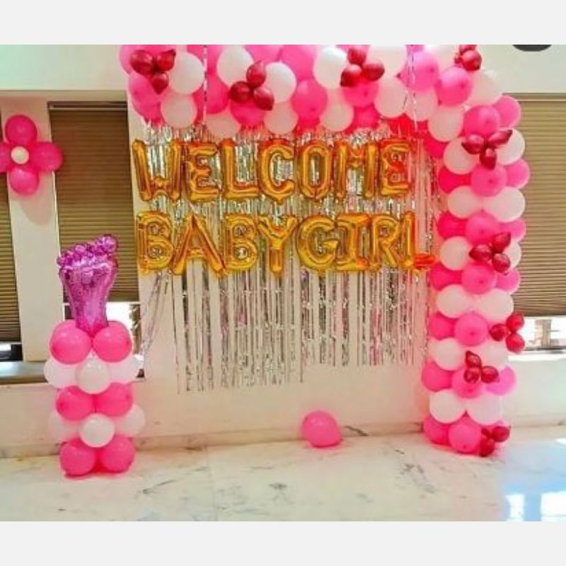Welcome Baby Girl Balloon Decoration at home