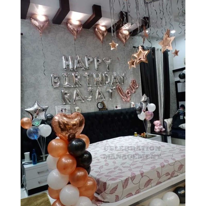 Balloon Decoration Surprise for Husband Birthday in Gold Black theme