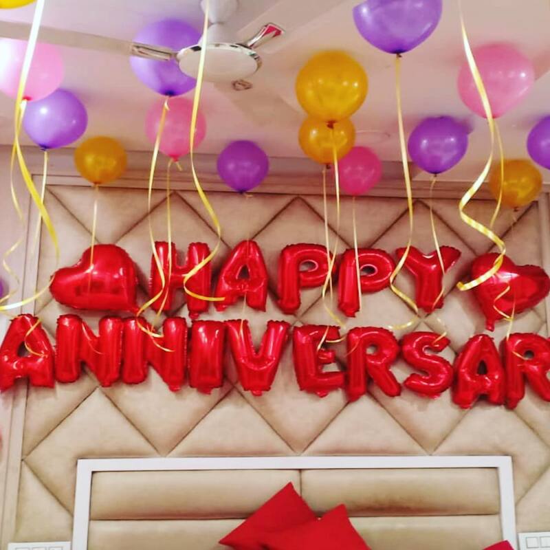 Simple Anniversary Balloon Decoration at Home in Bedroom