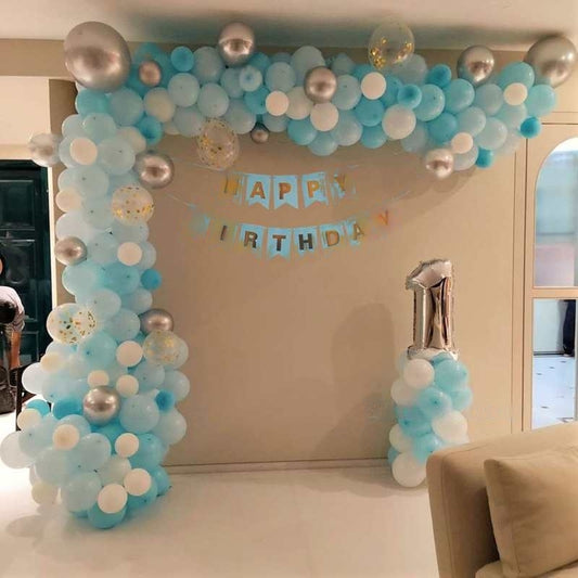 Cloudy Blue Arc Balloon Decoration at home for Birthday party
