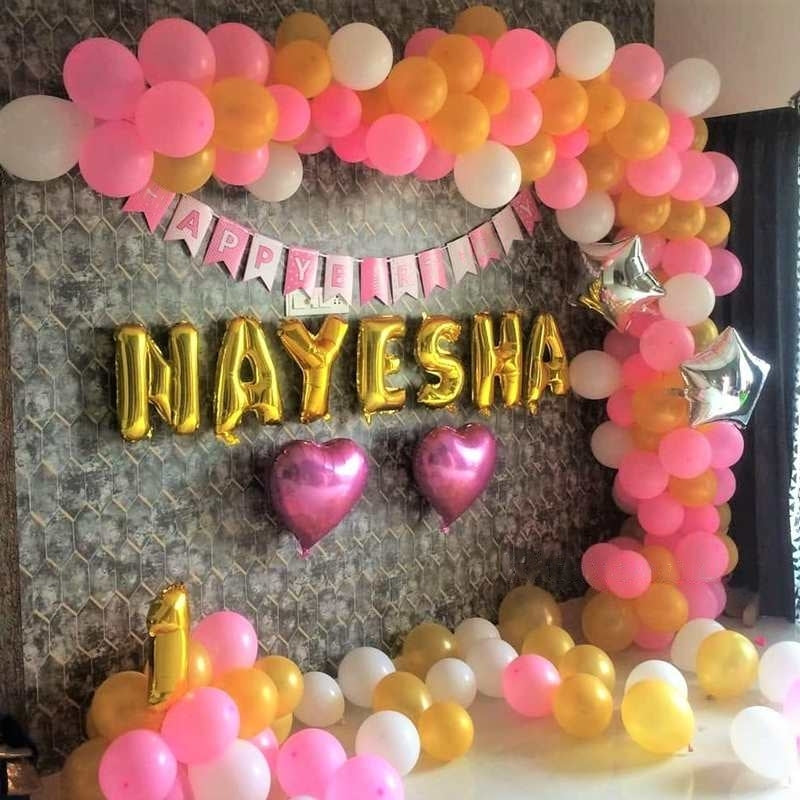 1st Birthday Balloon Decoration for Baby Girl at Home