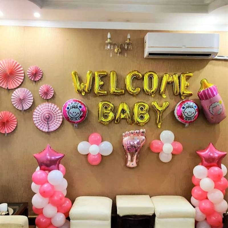 Welcome Baby Girl Balloon Decoration in Living Room