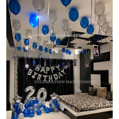 Happy Birthday Silver and Blue Balloon Decoration at Home