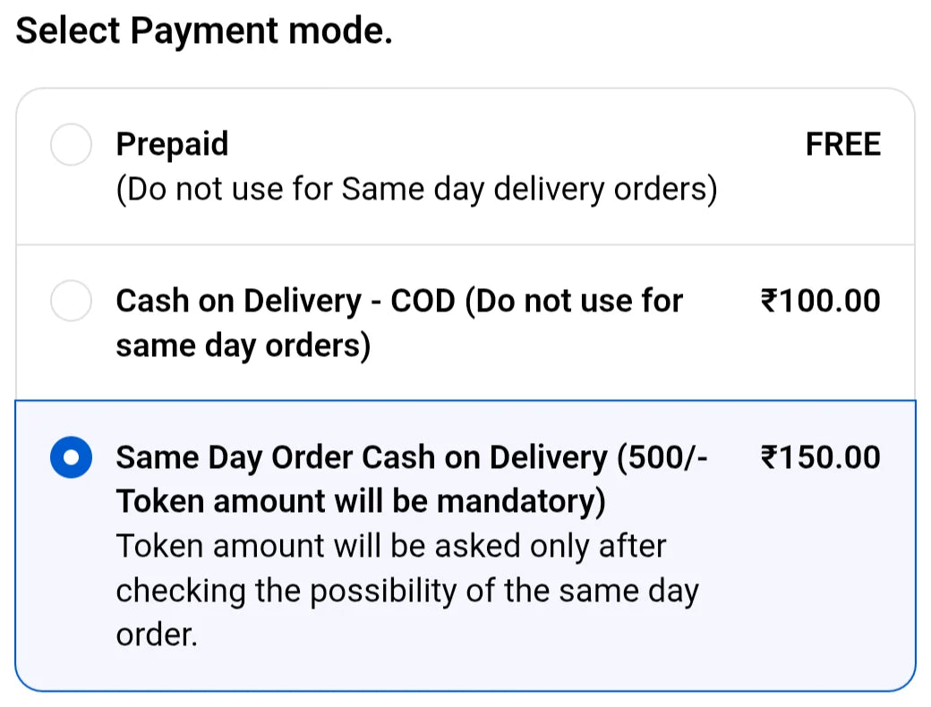 Checkout payment options - Same Day Order Cash on Delivery selected
